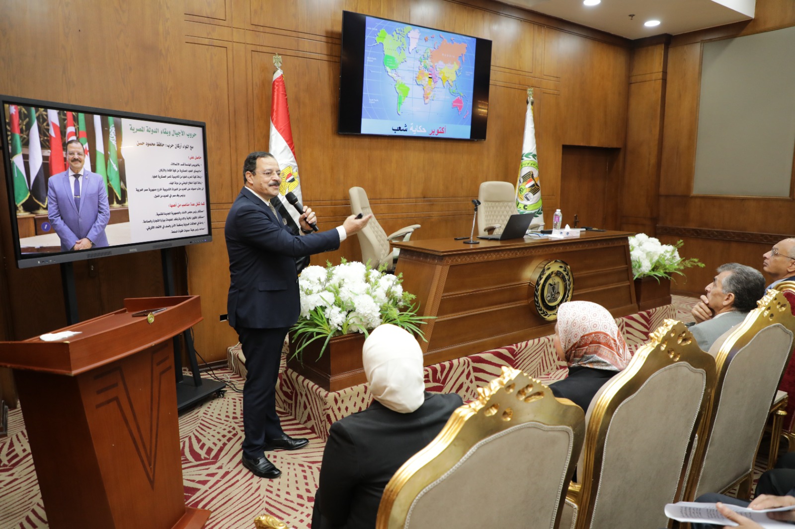 الهيئة العامة للرقابة على الصادرات والواردات تنظم ندوة تثقيفية بمناسبة مرور 52 عاما على ذكرى انتصارات حرب اكتوبر المجيدة برعاية م. عصام النجار بعنوان" حروب الاجيال وبقاء الدولة المصرية" تقديم اللواء ا.ح حافظ حسن مساعد رئيس هيئة العمليات بالقوات المسلحة ال